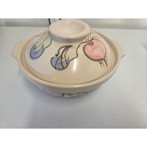 Vintage Donabe Japanese Clay Pot Hand Painted Vegetable Design Ceramic Casserole